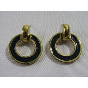 Black Gold Tone Door Knoker Stud Dangly Oval Earrings 1" Boho VTG Minimalist